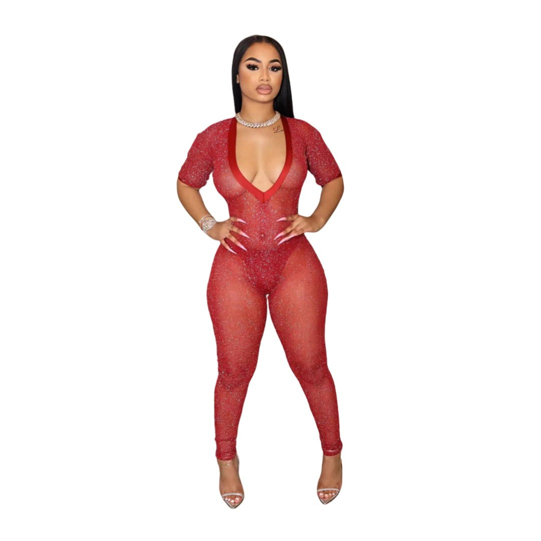 Fashionable Semi-Transparent Wide V-Neck Jumpsuit