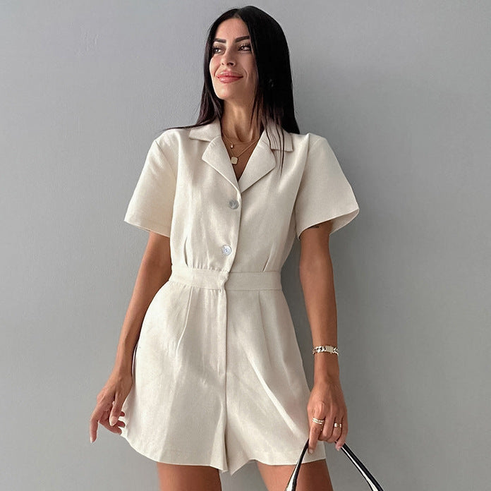 French Cotton Linen High-Waist Casual Jumpsuit