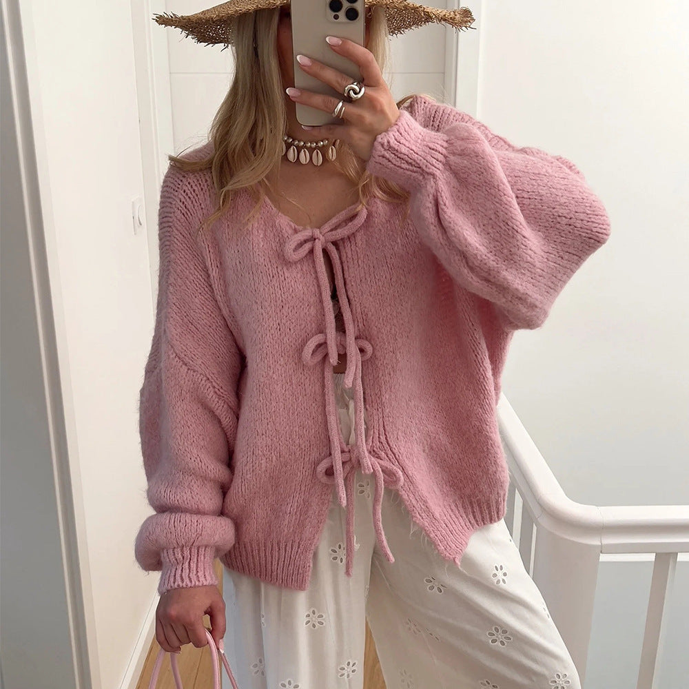 Women's Solid Color Casual Loose and Simple Lace-up Sweater Coat