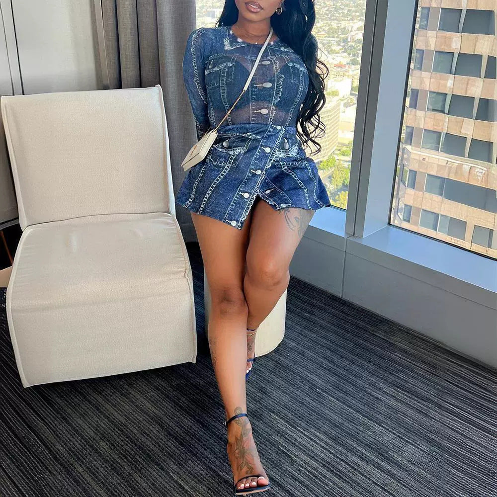Women's Denim-Look Printed Long-Sleeve Jumpsuit