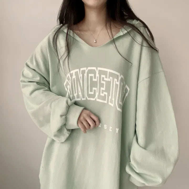 Korean Style Letter Print Loose Hooded Casual Sweater