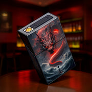 Multifunctional Cigarette Storage Box with Built‑In USB Rechargeable Lighter – Double‑Side Dragon Design, 20‑Pack Capacity