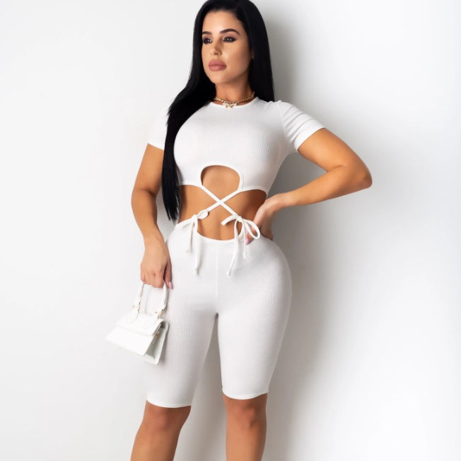 Chic Knit Tie-Front Romper with Shorts
