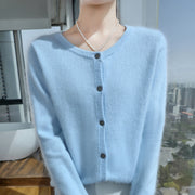 Womens Loose Button-up Solid-color Cropped Sweater with a Crew Neck