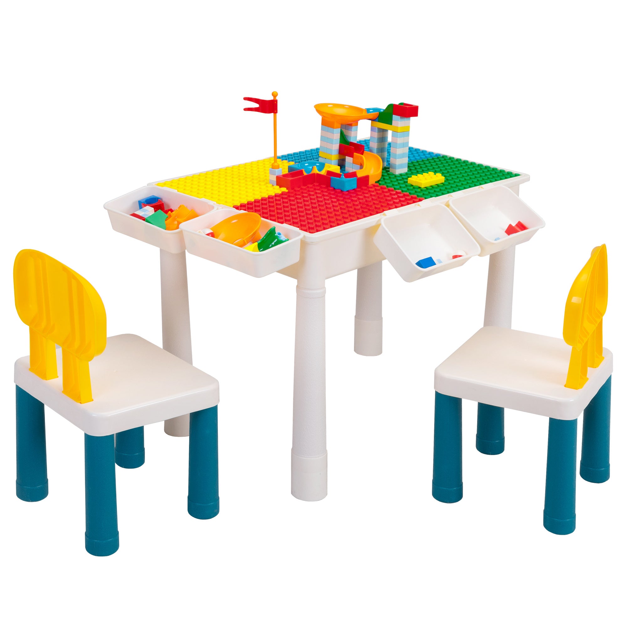 Kids Activity Table and Chair Set with 100 Large Building Blocks – Compatible with Classic Blocks, Includes Water Sand Table