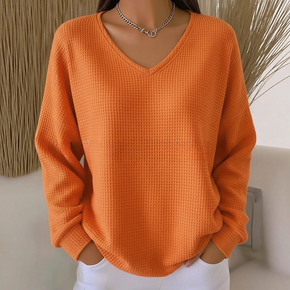 Casual V-Neck Waffle Knit Drop Shoulder Top for Women