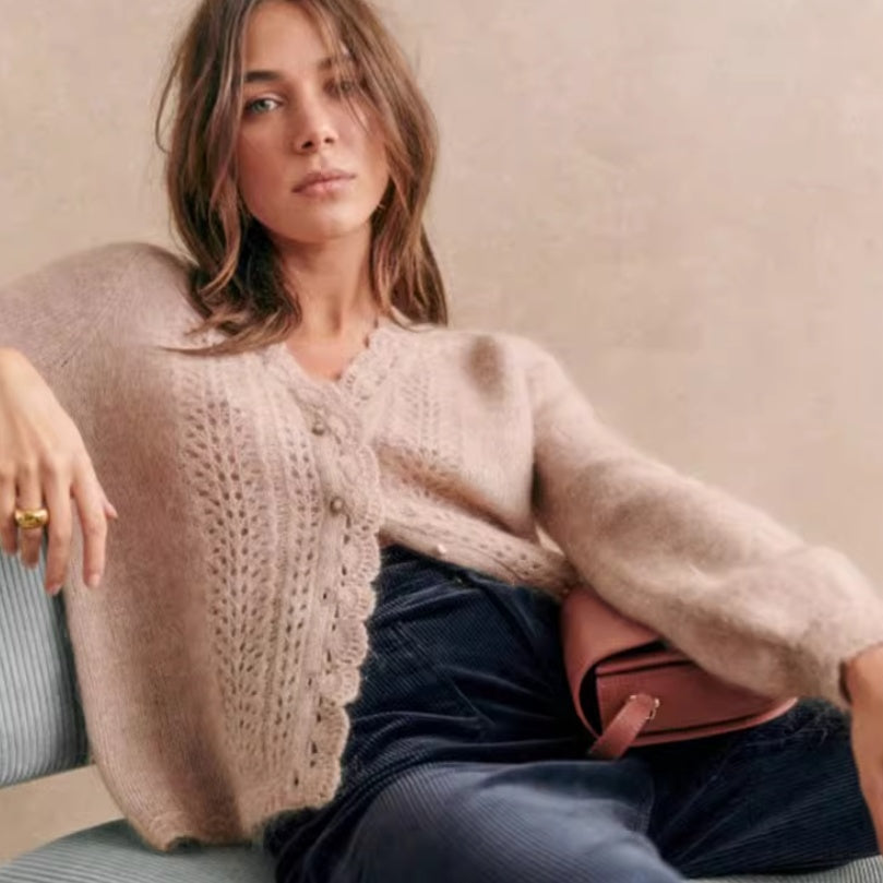 Haze Blue Mohair Cardigan Crocheted V-neck Puff Sleeve Sweater