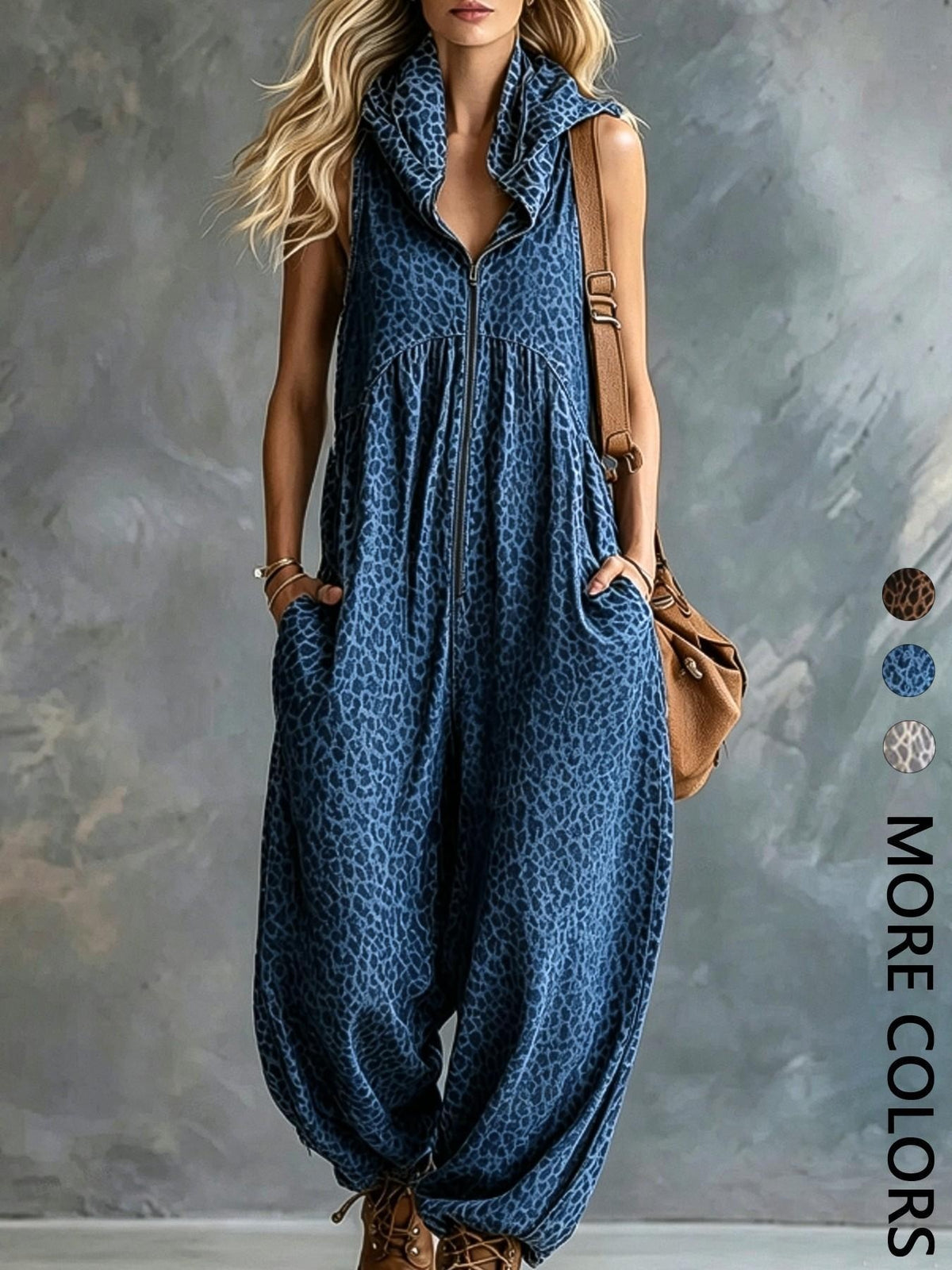 Fashionable Casual Urban Apricot Leopard-Print Hooded Chiffon Jumpsuit