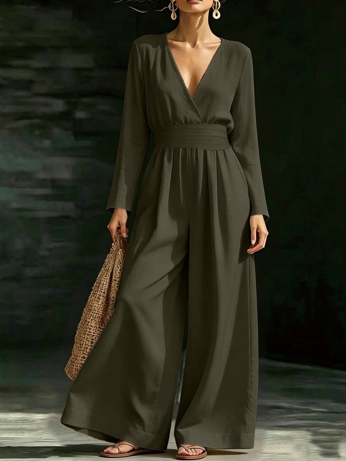 Elegant Long-Sleeve V-Neck Knit Jumpsuit for Women