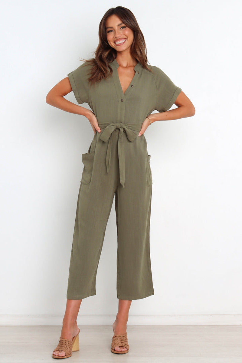 V-Neck Cropped Wide-Leg Jumpsuit for Women