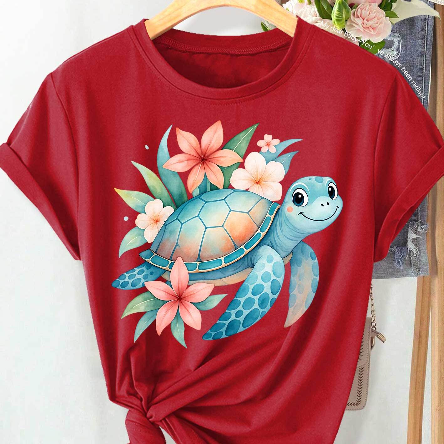 Women's Short Sleeve Round Neck Tunic with Smiling Sea Turtle and Tropical Floral Print