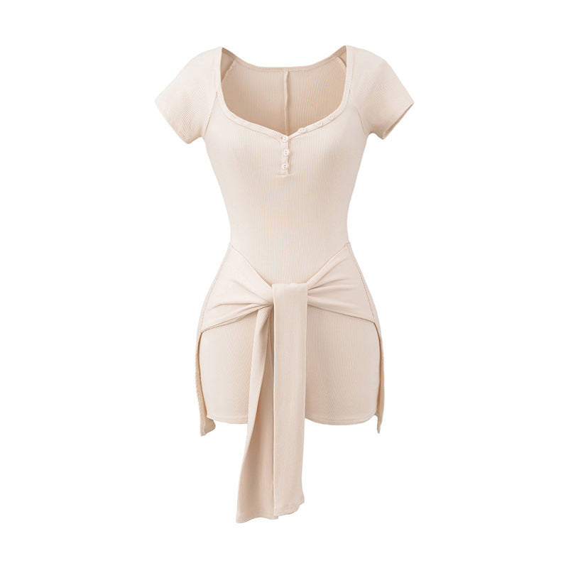 Chic Peach Collar Tied Waist Jumpsuit Romper