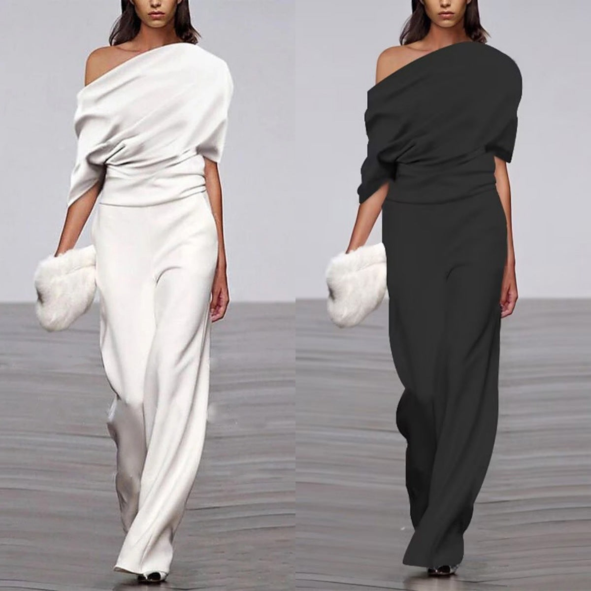 Women's Casual Off-Neck Loose Solid Jumpsuit
