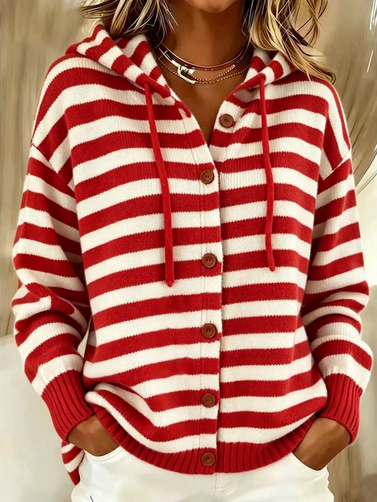 Striped Single-breasted Hooded Womens Casualwear for Comfort