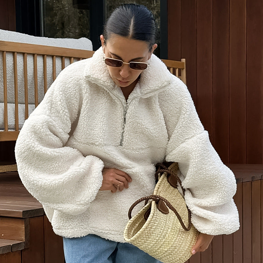 Cozy Beige Fleece Stand Collar Sweatshirt