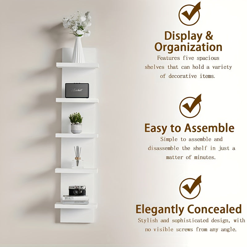 5-Tier White Floating Shelf - Heavy-Duty PVC Construction, Space-Saving Vertical Organizer with Easy Installation, Modern Minimalist Shelving Unit for Living Room, Bedroom, Entryway - Holds Books…