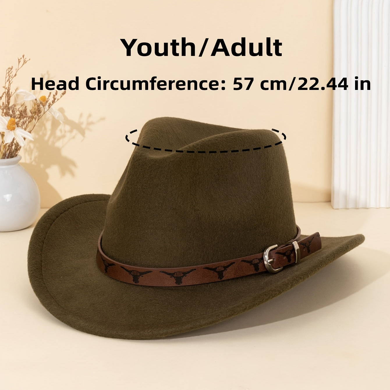 Brown Leather Western Cowboy Hat with Bull Print