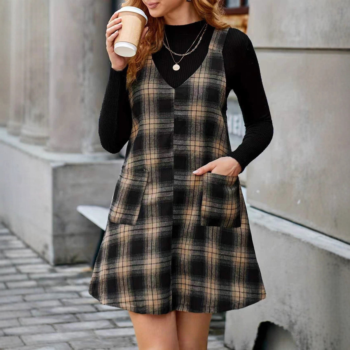 Trendy V-Neck Solid Corduroy Suspender Dress