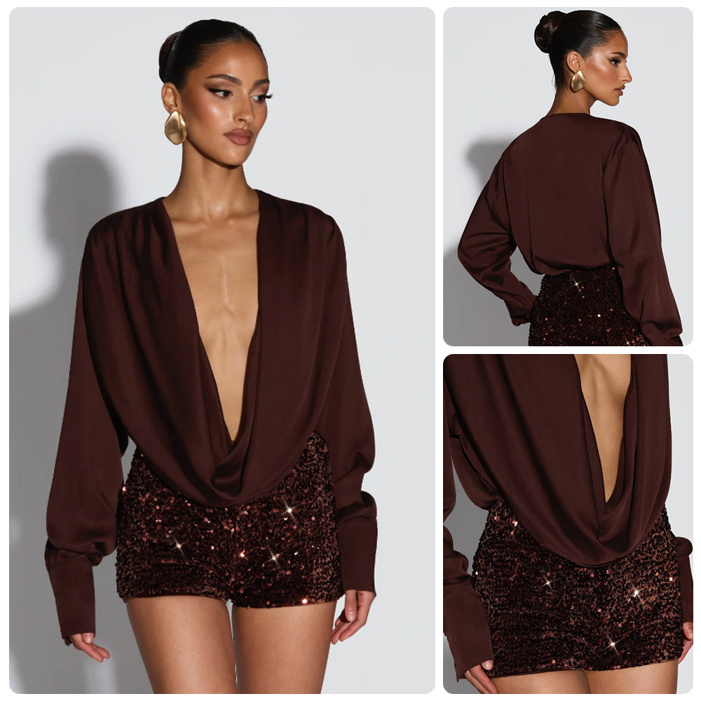 Satin Deep-V Long-Sleeve Bodycon Jumpsuit