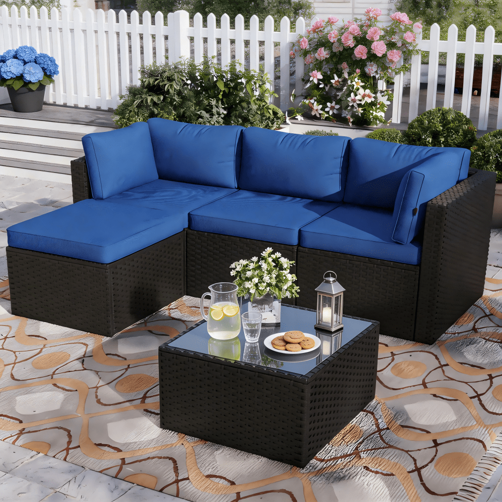 Outdoor Patio Rattan Sofa Set – L-Shaped Sectional with Beige Cushions, Glass Top Coffee Table & Ottoman, All-Weather Wicker Furniture for Garden, Poolside, Backyard – Four Color Cushions & Black Wicker Frame