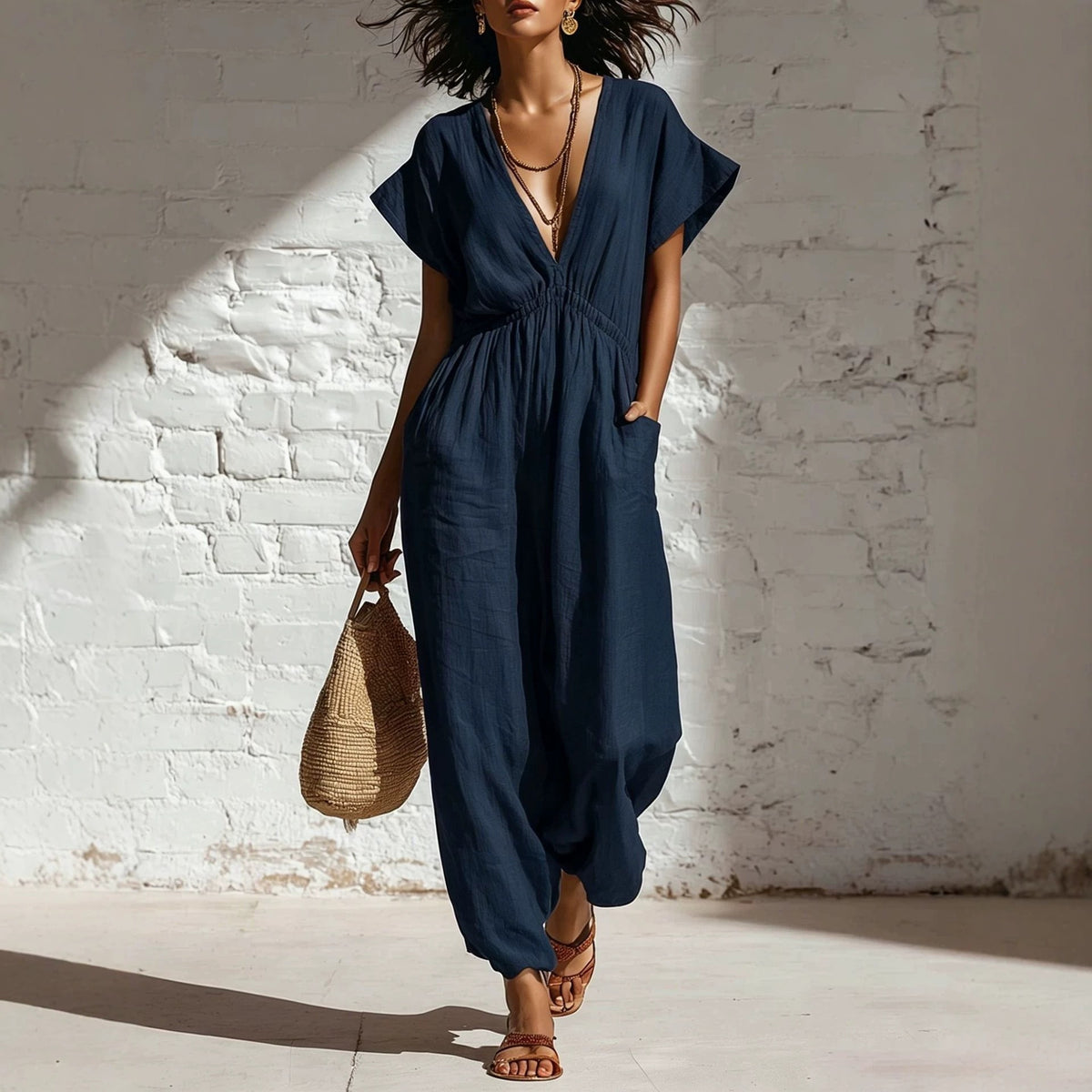 Womens V-neck Relaxed-fit Waist-cinching Jumpsuit