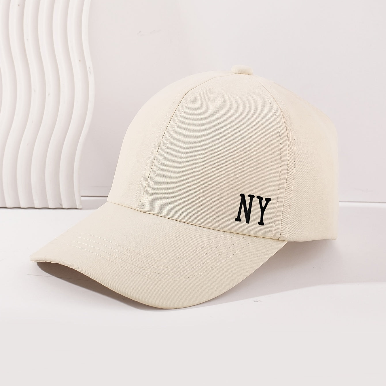 Fashion Baseball Cap with Embroidered Design, Lightweight Woven, Flat Embroidery, Black, White and Beige