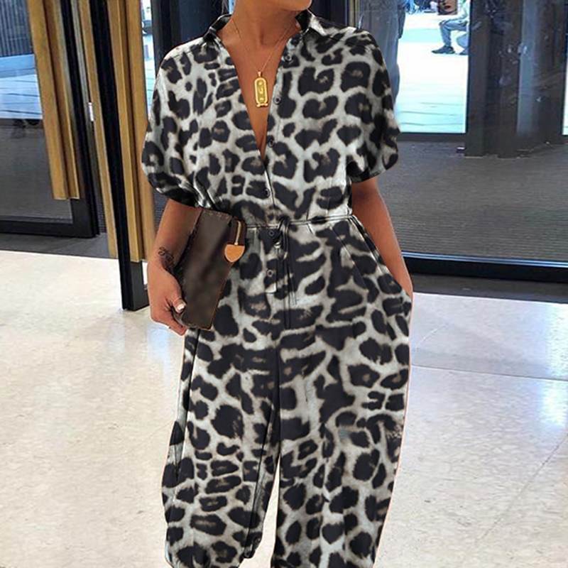 Retro Women's Short-Sleeve Casual Button Jumpsuit