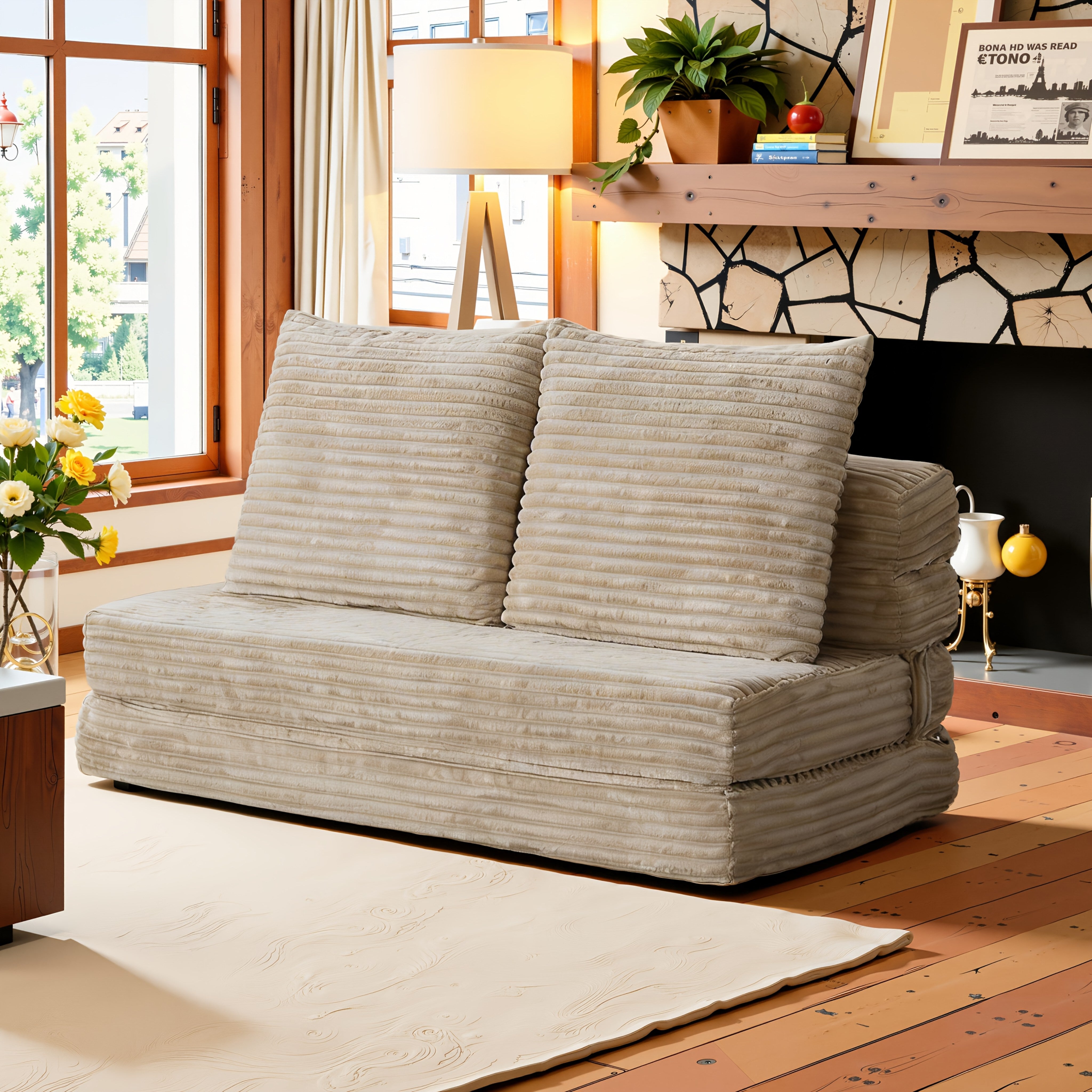 Modular L-shaped chaise longue sofa bed with deep seat and corduroy upholstery