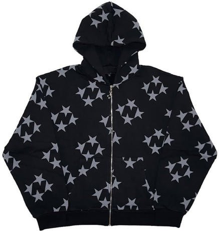 Stars Print Zipper Hooded Cardigan Couple Streetwear Coat