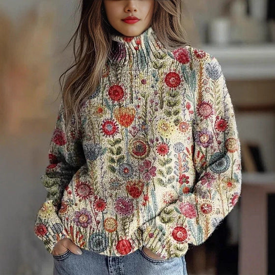 Womens Floral-print Turtleneck Sweater