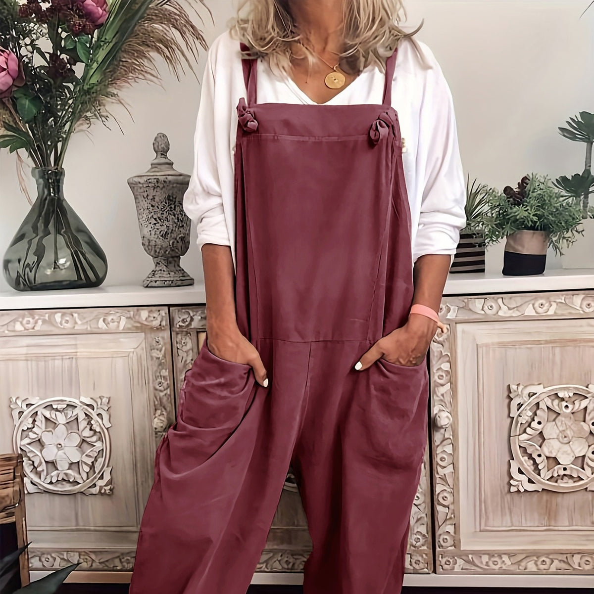 Plus Size Casual Pocket Lace-Up Jumpsuit