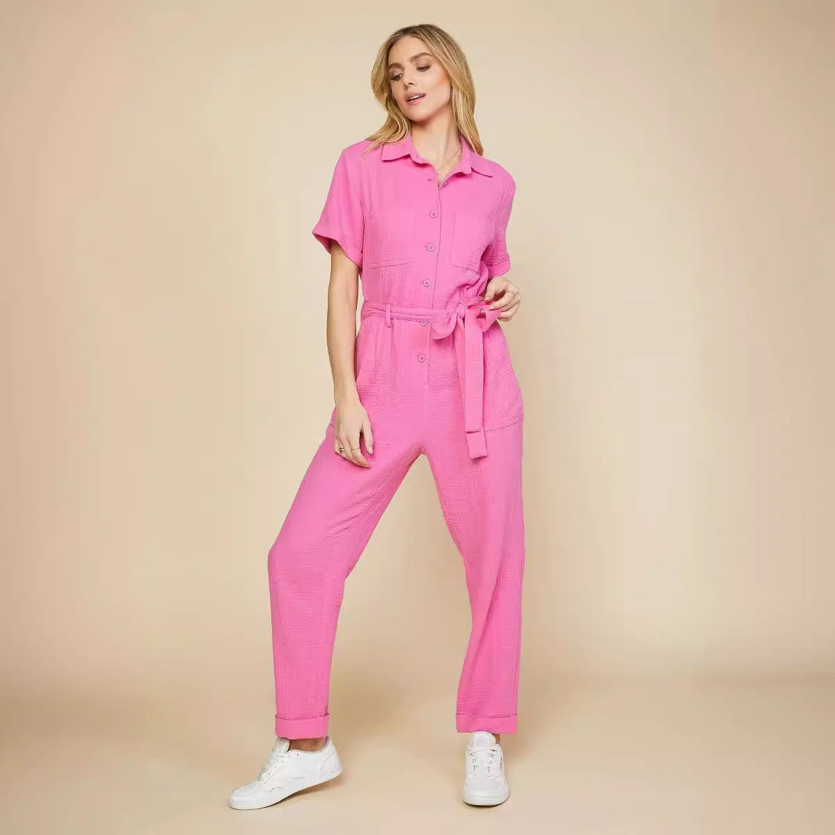 Women's Solid Color Short-Sleeve Straight-Leg Jumpsuit