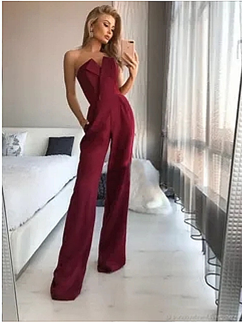 Women's Elegant Mid-Waist Straight-Leg Commuter Jumpsuit