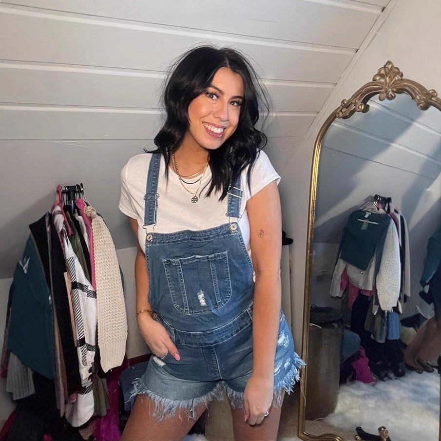 Women's Distressed Denim Cargo Shorts Jumpsuit