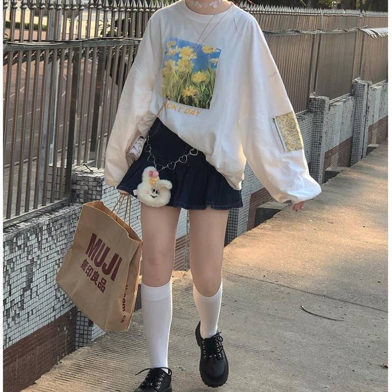 Japanese Floral Print Long-Sleeve Sweet Pullover Top