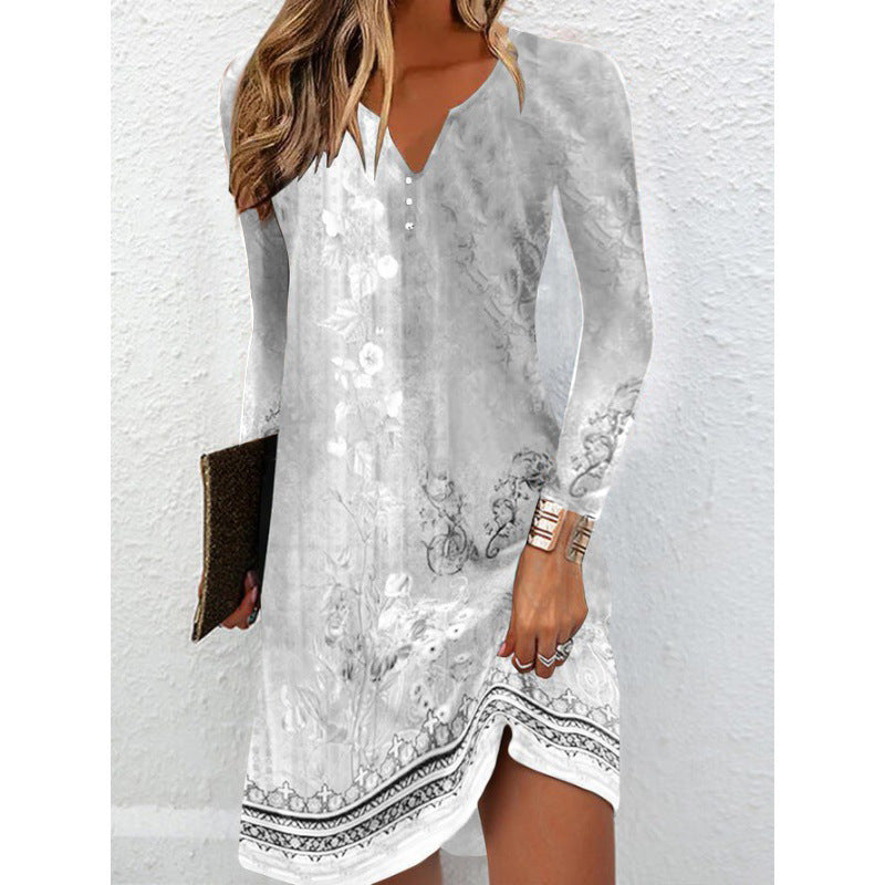 Long-sleeve V-neck Buttoned Asymmetrical Dress for Women