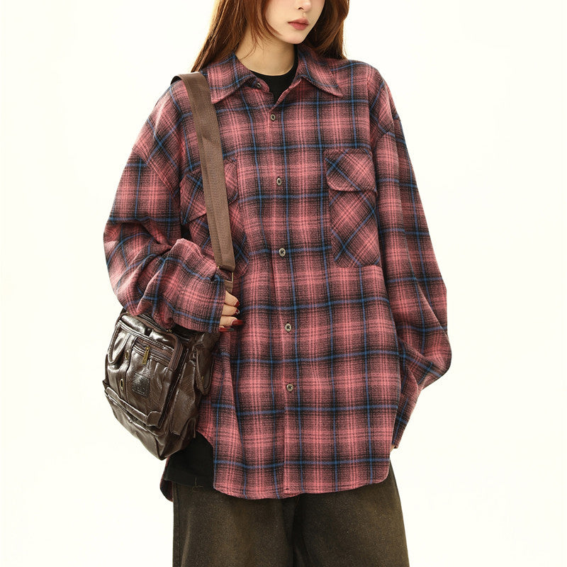Womens Retro Ombre Lazy-Style Sophisticated Plaid Blouse