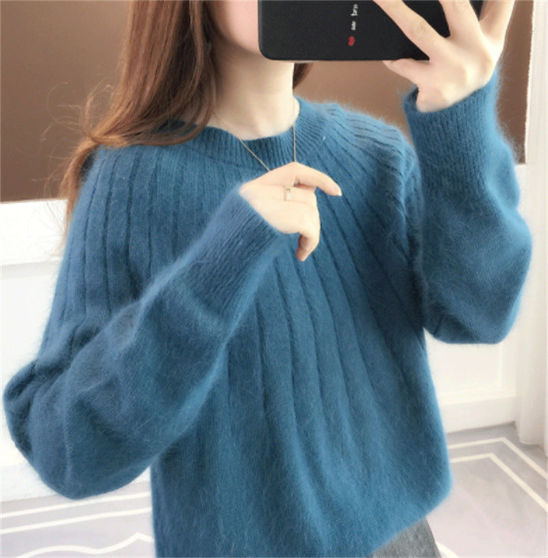 Womens Solid Color Short Pullover with Round Neck Loose Fitting Outerwear and Base Layer Knit Top