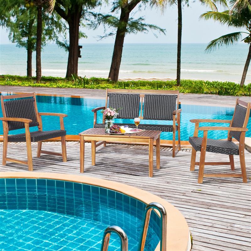 4pcs Outdoor Patio Rattan Furniture Sofa Set with Acacia Wood Frame