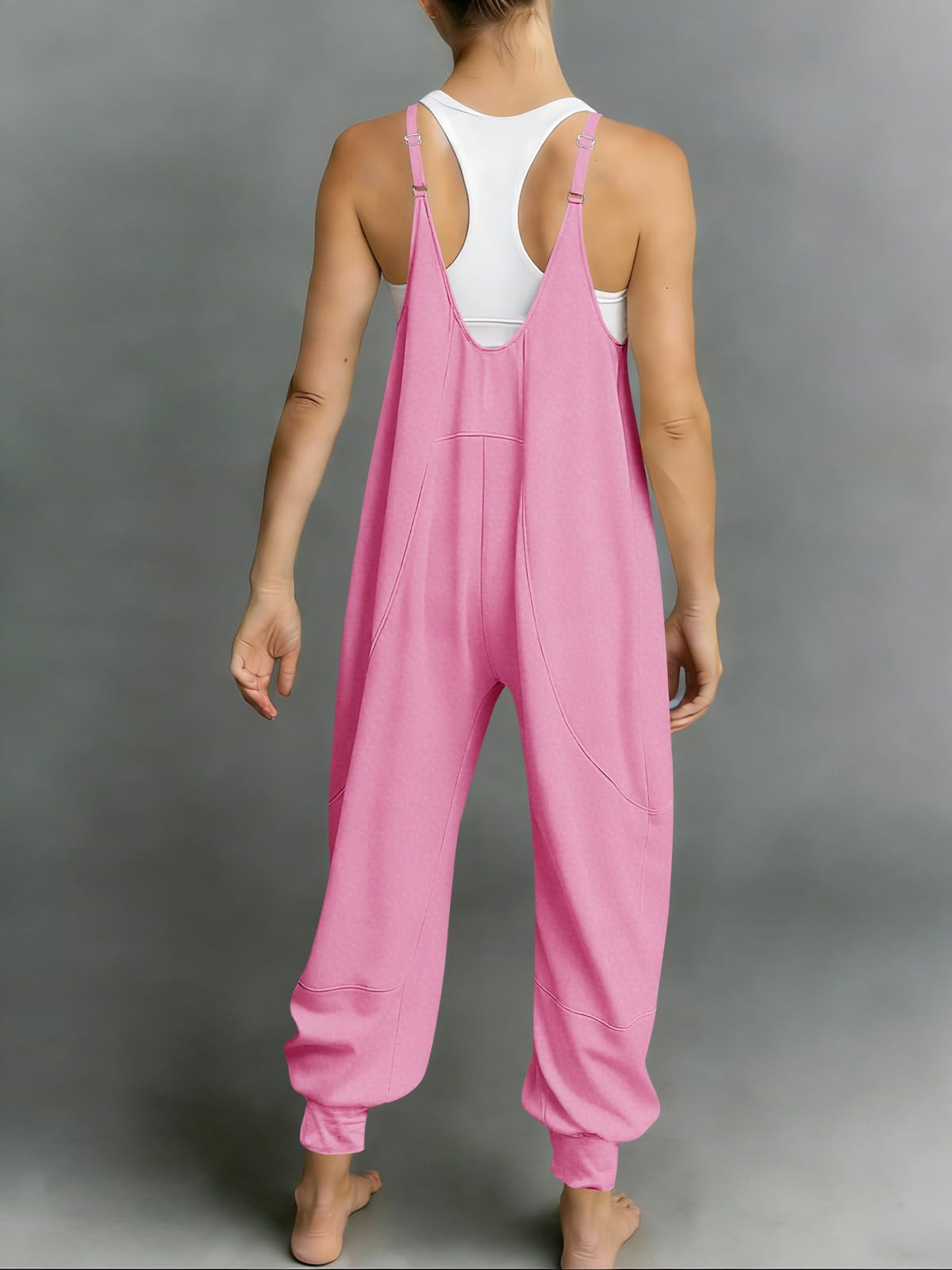 Fisoew Jumpsuits For Women Summer Casual Overalls Spaghetti Strap Sleeveless Pleated Rompers Jumpers With Pockets