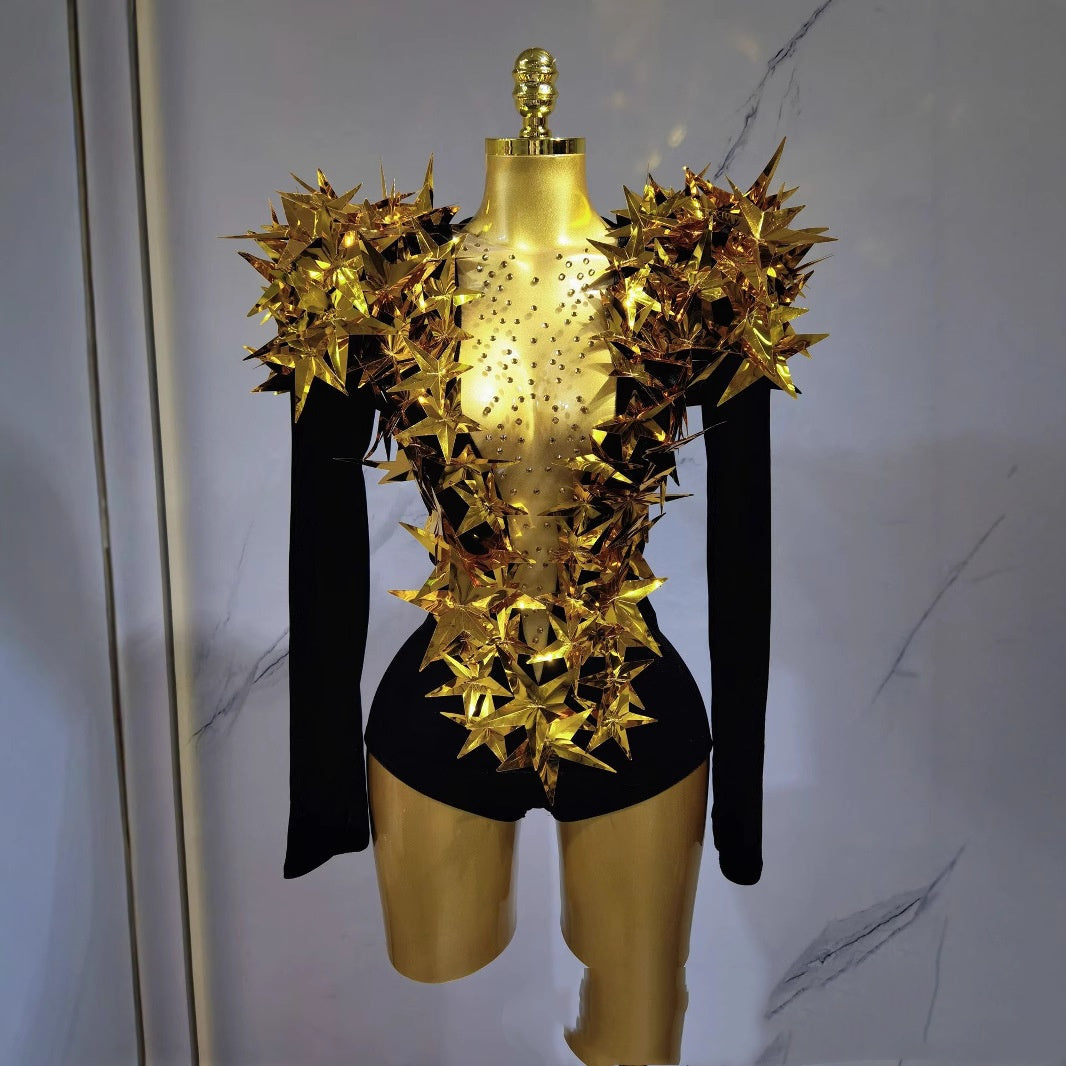 Golden Star Padded Shoulder Jumpsuit Statement Stage Outfit