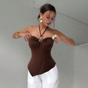 Dark Brown Cropped Strapless Summer Top with Metal Details