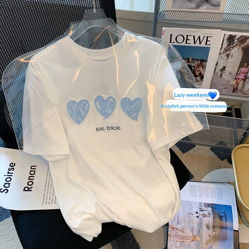 White Heart Graffiti Summer Tee – Loose Fit, Short Sleeve