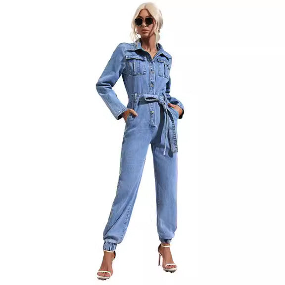 Chic Women's Denim Jumpsuit Long Sleeve Casual Romper