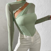 Women's Mesh Splicing Slim Fit Long Sleeve Top
