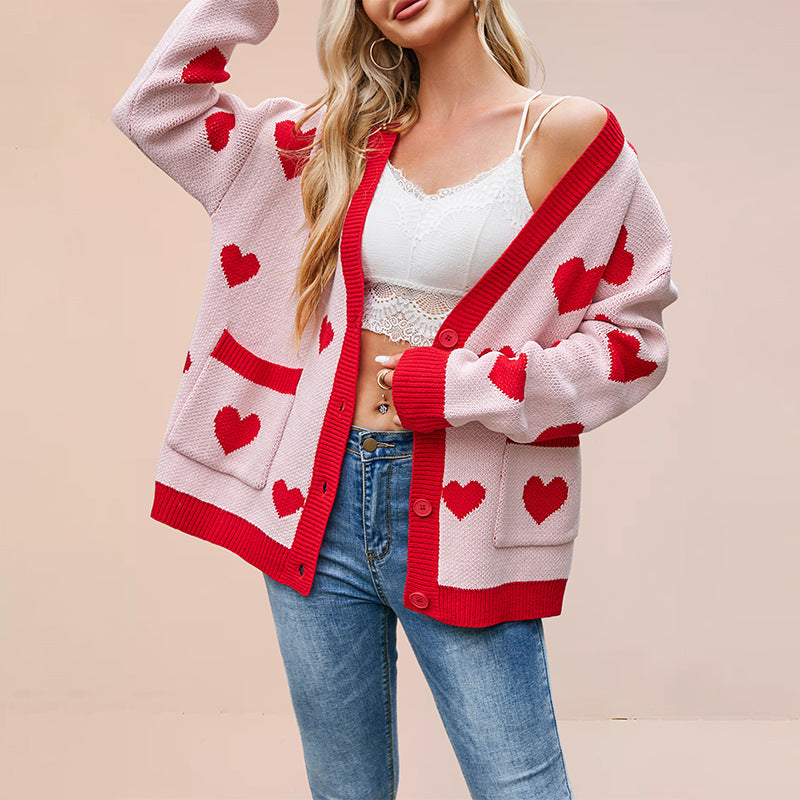 Heart Peach Knitted Cardigan Pocket V-neck Common Style Coat