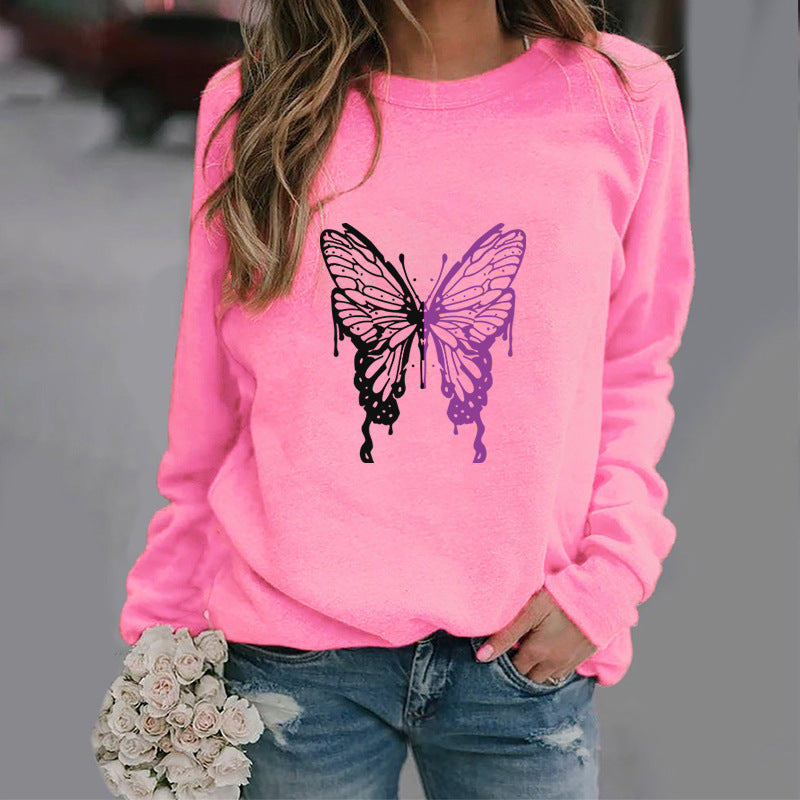 Butterfly Print Sports Pullover Round Neck Sweater