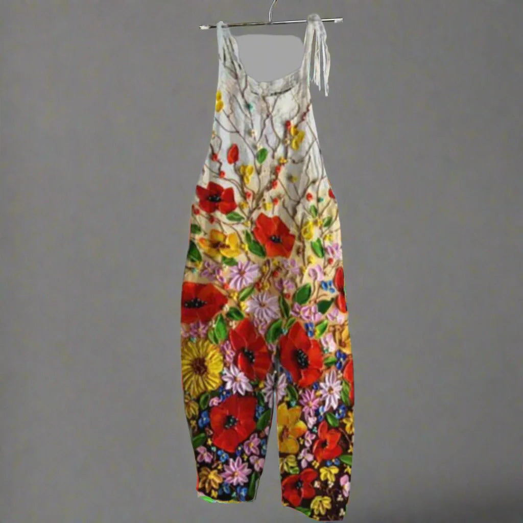 Women's Vintage Print Flared Suspender Pants