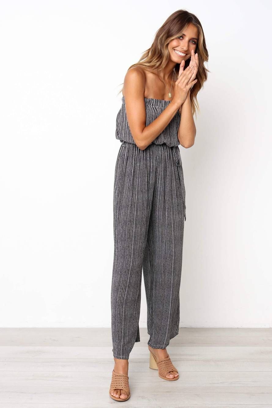 Women's Striped Strapless Wide-Leg Lace-Up Jumpsuit