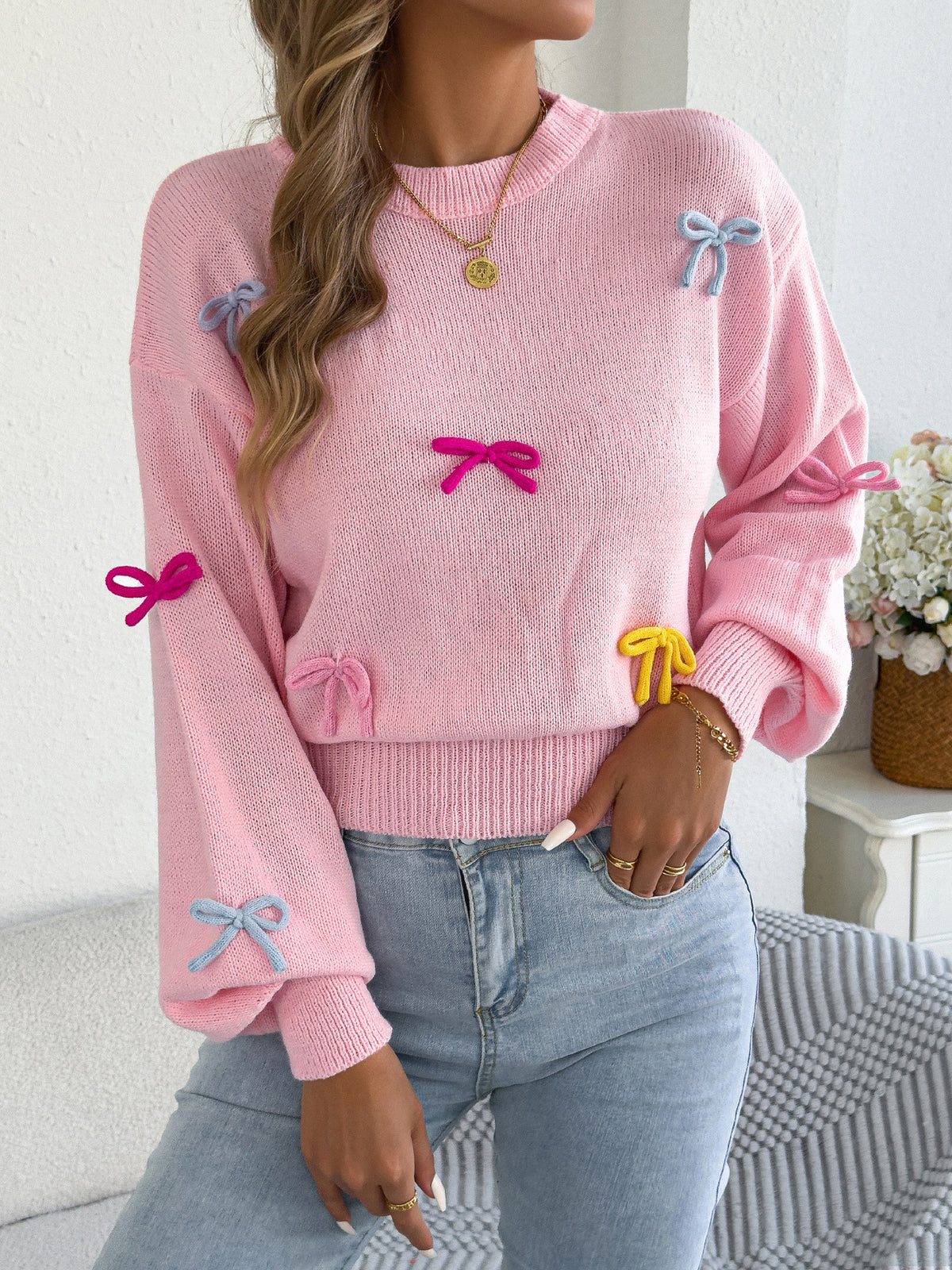Fashionable Colorful Bow-knot Lantern-sleeve Waist-cinching Sweater